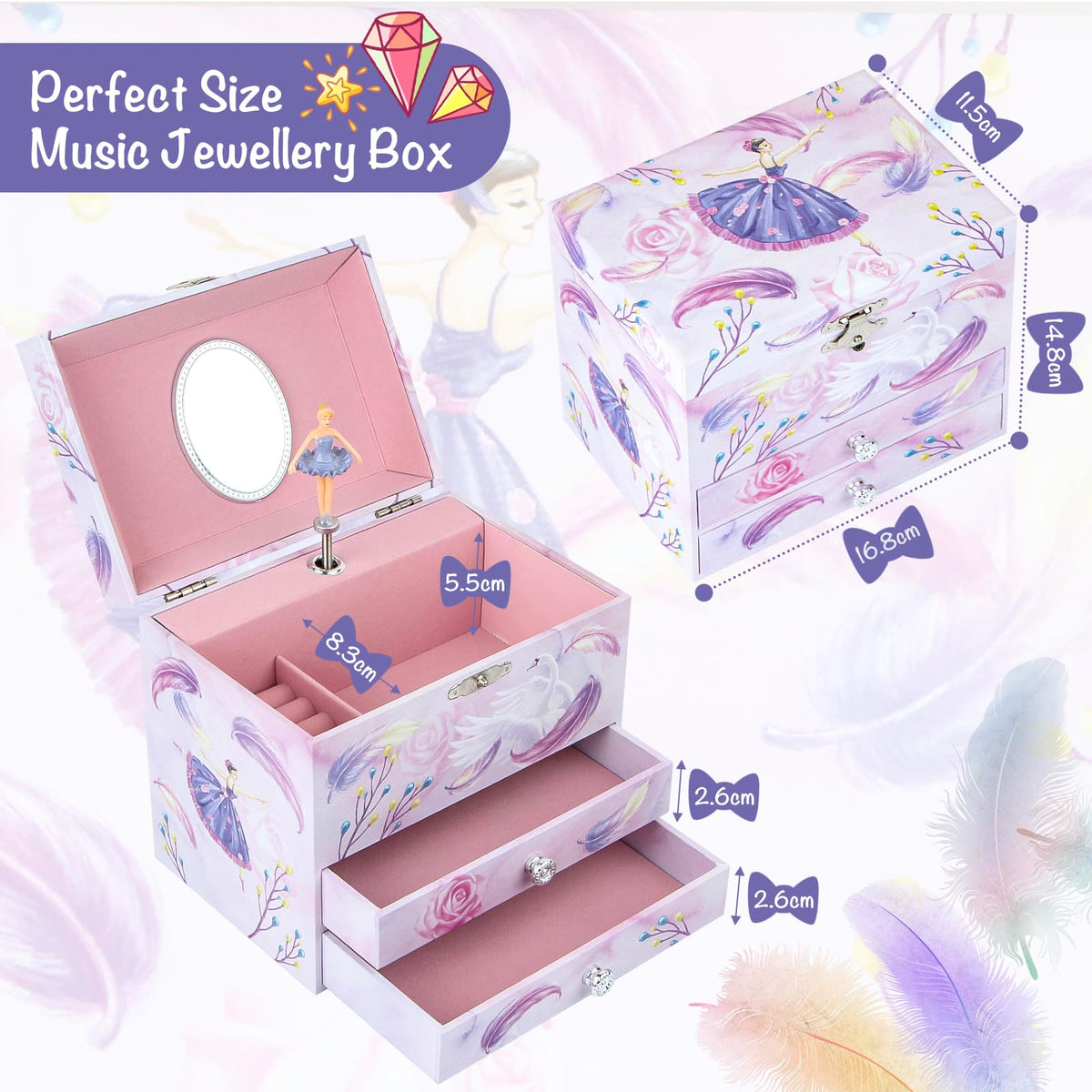Homtibrm Musical Jewellery Box For Girls - Large Kids Jewellery Music Box with 2 Pullout Drawers & Unicorn Jewellery Set, Great Birthday Gifts for Girls Christmas Gifts (Pink Ballerina) 🍁 All In One Marketplace Canada