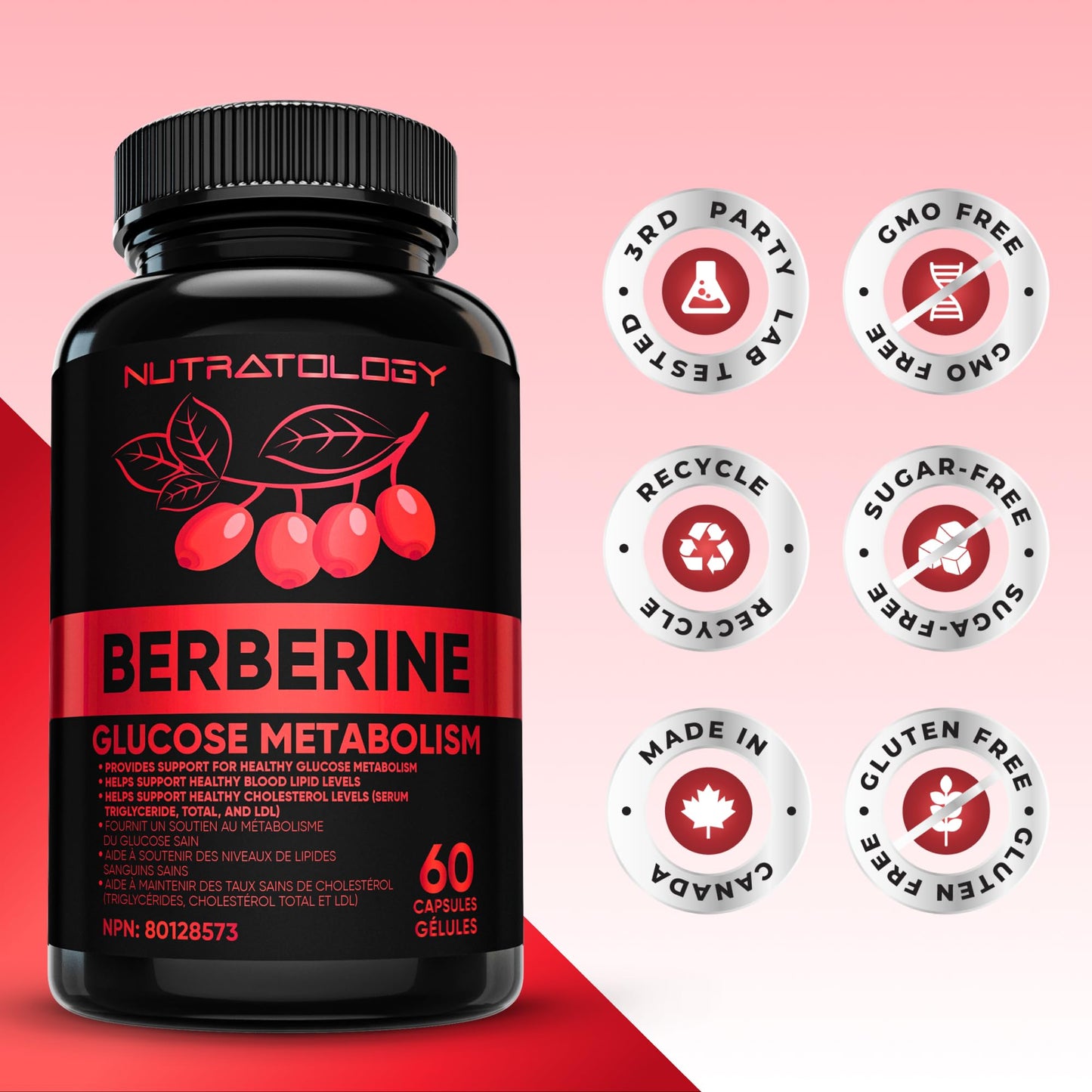 Nutratology® Berberine Supplement | Canadian-Made | Max Potency 500MG Per Capsule - Supports Glucose Metabolism & Healthy Blood Sugar Levels Through Efficient Metabolism Of Sugar & Fats - 60 Capsules - Available at All In One Marketplace Canada