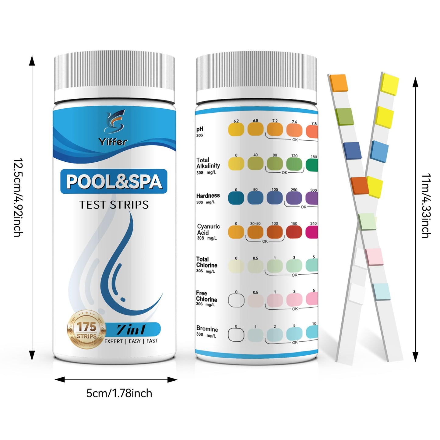 175-Count 7-Way Hot Tub & Pool Test Strips - Accurate Test Bromine, Total Alkalinity, pH, Free Chlorine, Total Hardness, Cyanuric Acid, and Total Chlorine