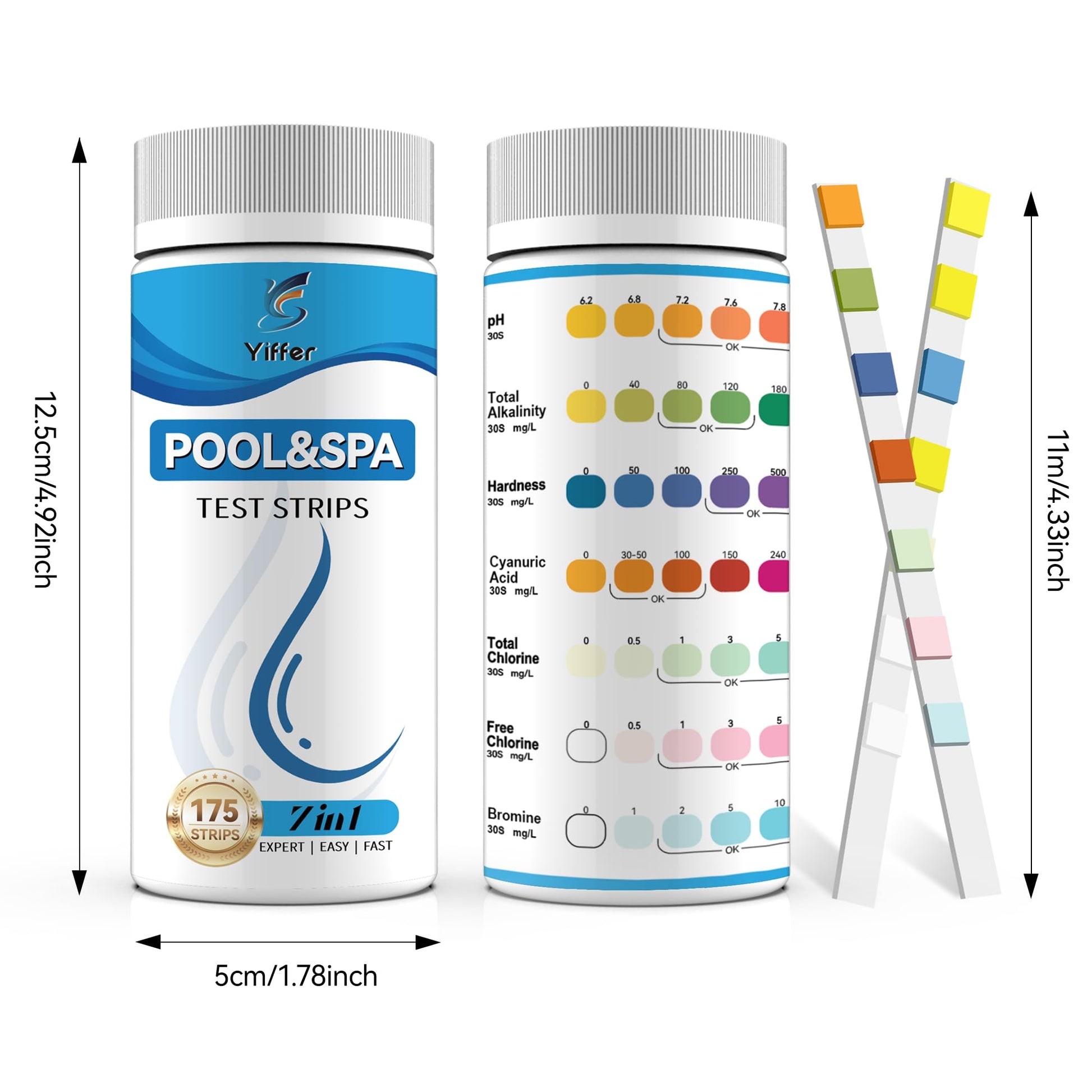 175-Count 7-Way Hot Tub & Pool Test Strips - Accurate Test Bromine, Total Alkalinity, pH, Free Chlorine, Total Hardness, Cyanuric Acid, and Total Chlorine