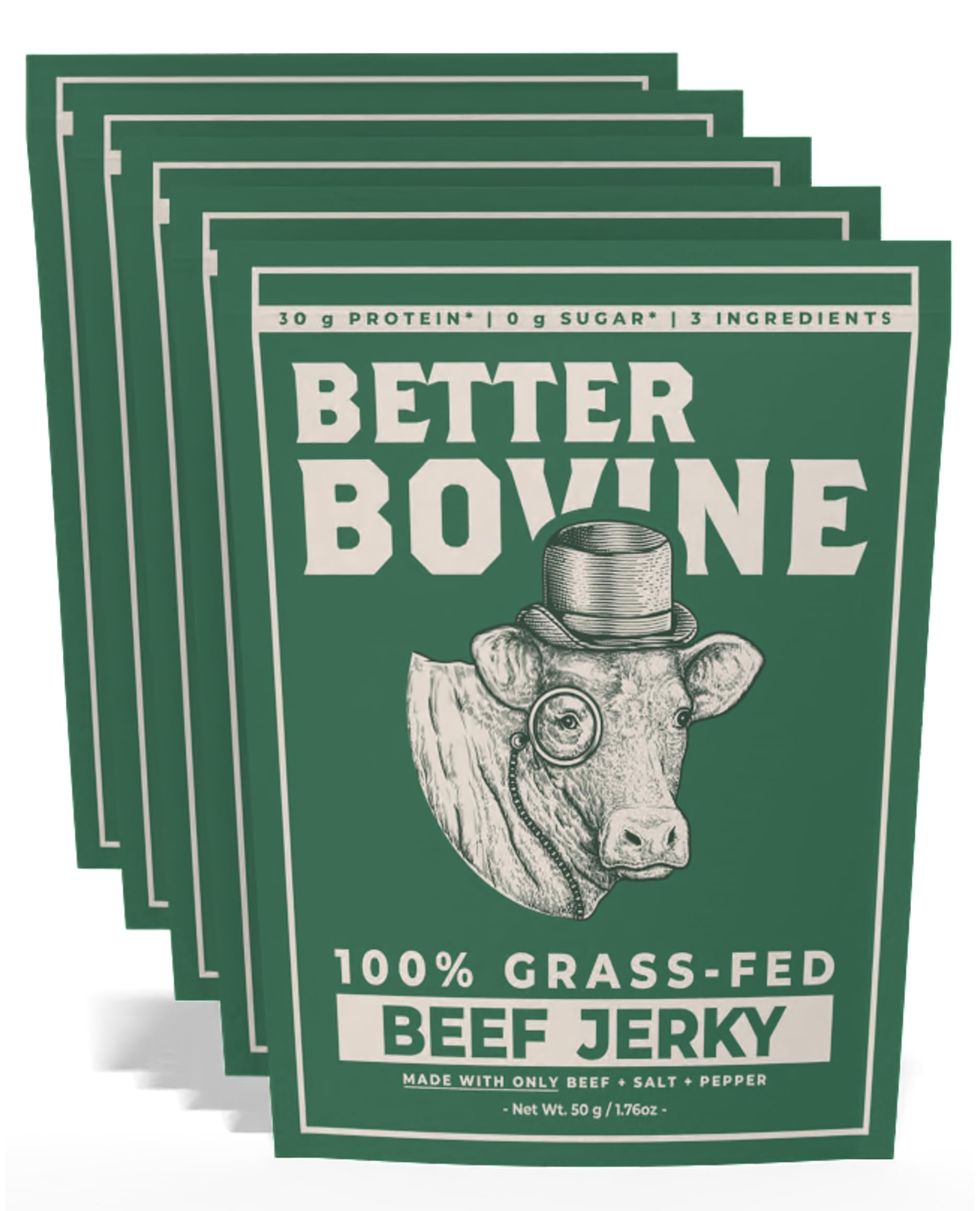 Better Bovine Grass Fed Extra Lean Beef Jerky – Salt and Pepper, 5 Pack (30g Protein, 0g Carbs, Keto & Paleo Friendly)