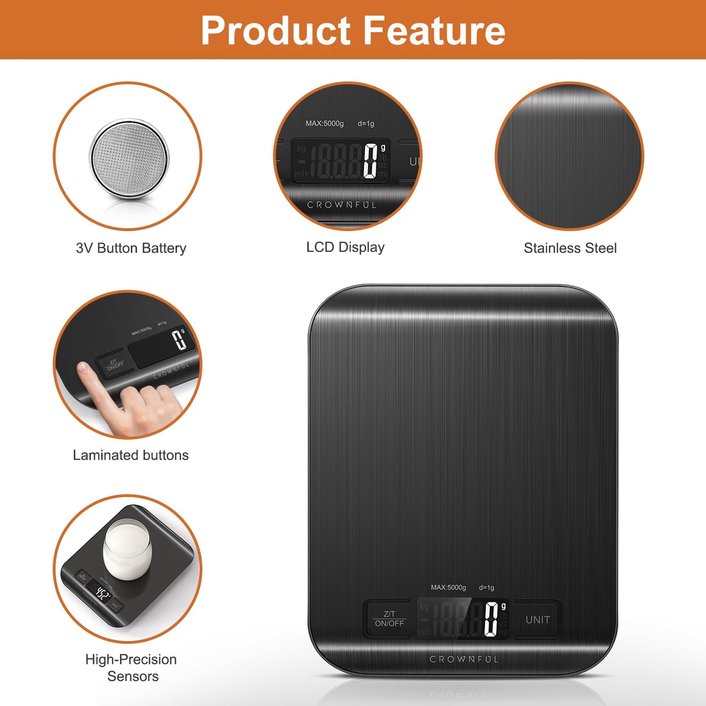 CROWNFUL Food Scale, 5kg/11lb Digital Kitchen Scales Weight Ounces and Grams for Cooking and Baking, 6 Units with Tare Function, Black (Battery Included)
