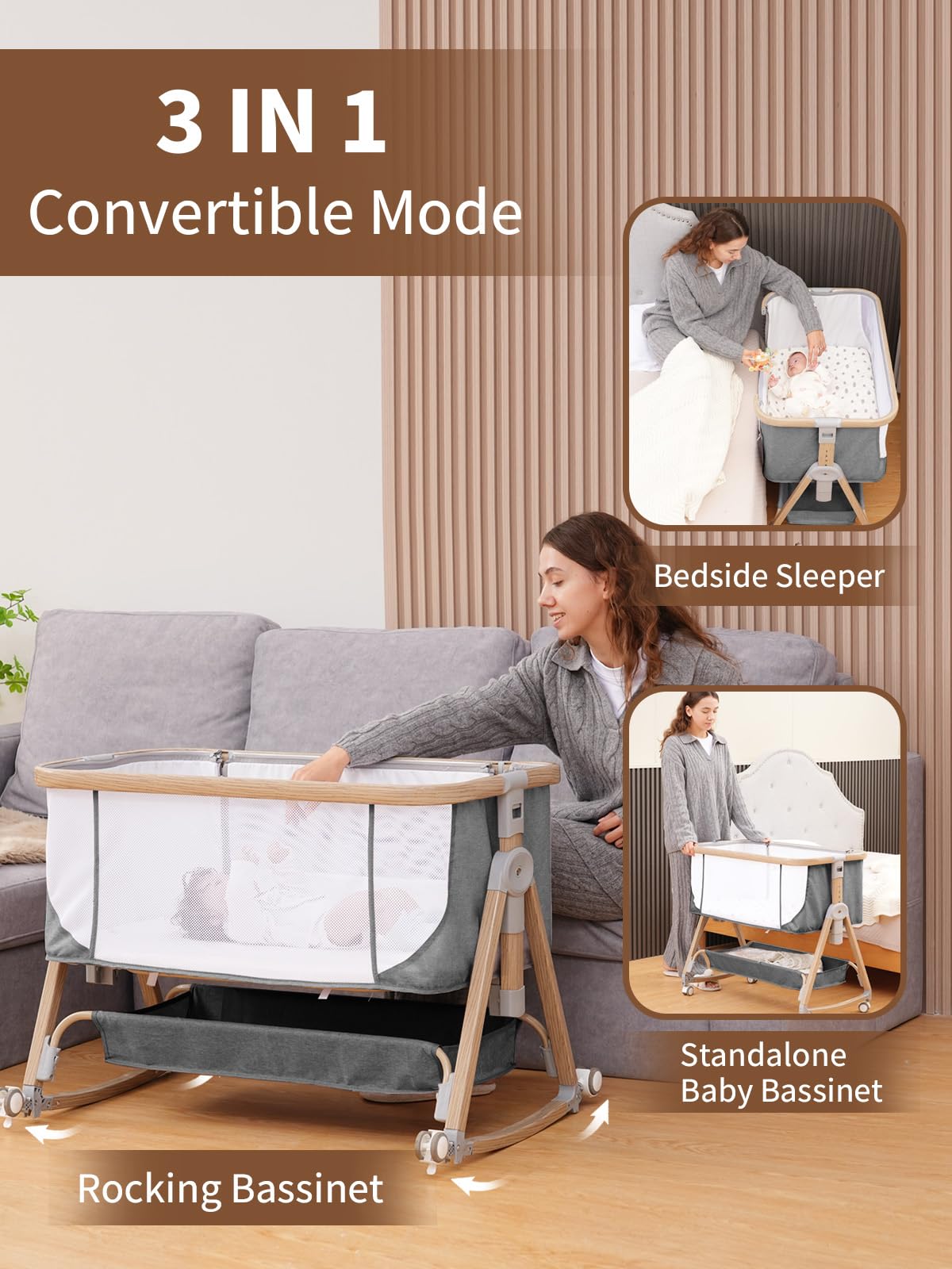 Baby Bassinet Bedside Sleeper - 3 in 1 Bassinets with Waterproof Sheets, Soft Mattress and Breathable Mesh, Adjustable Height Bedside Bassinet for Baby with Wheels, Storage Basket, Gray