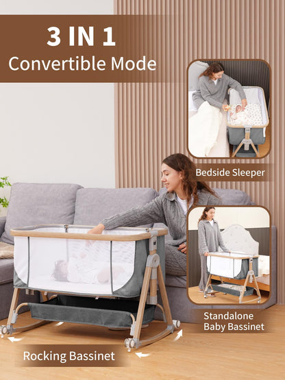 Baby Bassinet Bedside Sleeper - 3 in 1 Bassinets with Waterproof Sheets, Soft Mattress and Breathable Mesh, Adjustable Height Bedside Bassinet for Baby with Wheels, Storage Basket, Gray
