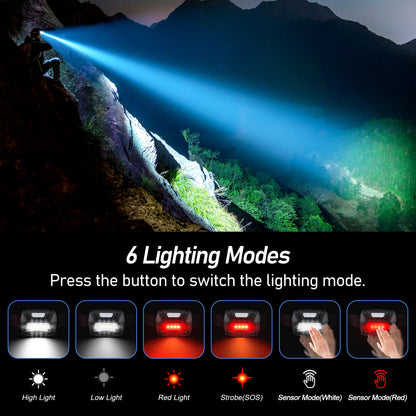 Blukar Headlamp Rechargeable, 2000L Super Bright LED Head Lamp Headlight with Red Warning Lights and 6 Modes, Motion Sensor Control, IPX5 Waterproof, Lightweight Flashlight for Running, Hiking etc. - Available at All In One Marketplace Canada