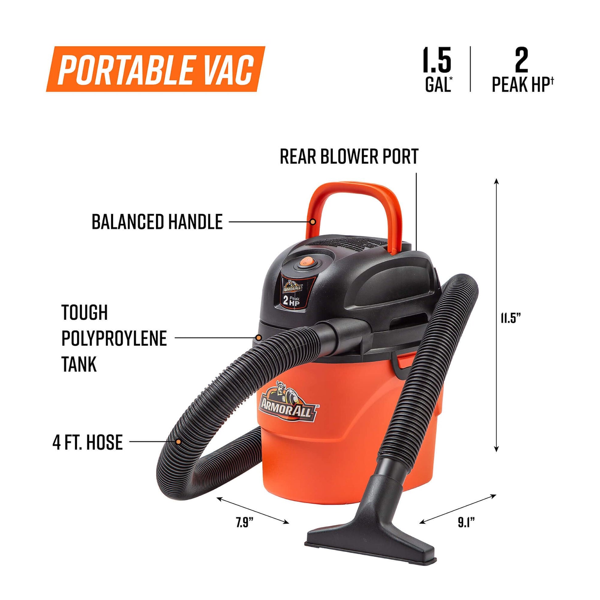 Armor All 1.5-Gallon 2 Peak HP Vac-Mate Wet/Dry Vacuum, AA155, Orange