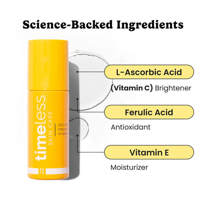 Timeless Skin Care Vitamin CSerum with Vitamin E & Ferulic Acid - 20% Vitamin C Brightening Serum - FaceSerum for Oily & Dry Skin - Fragrance-Free Serum for Skin Care - 1.7 oz