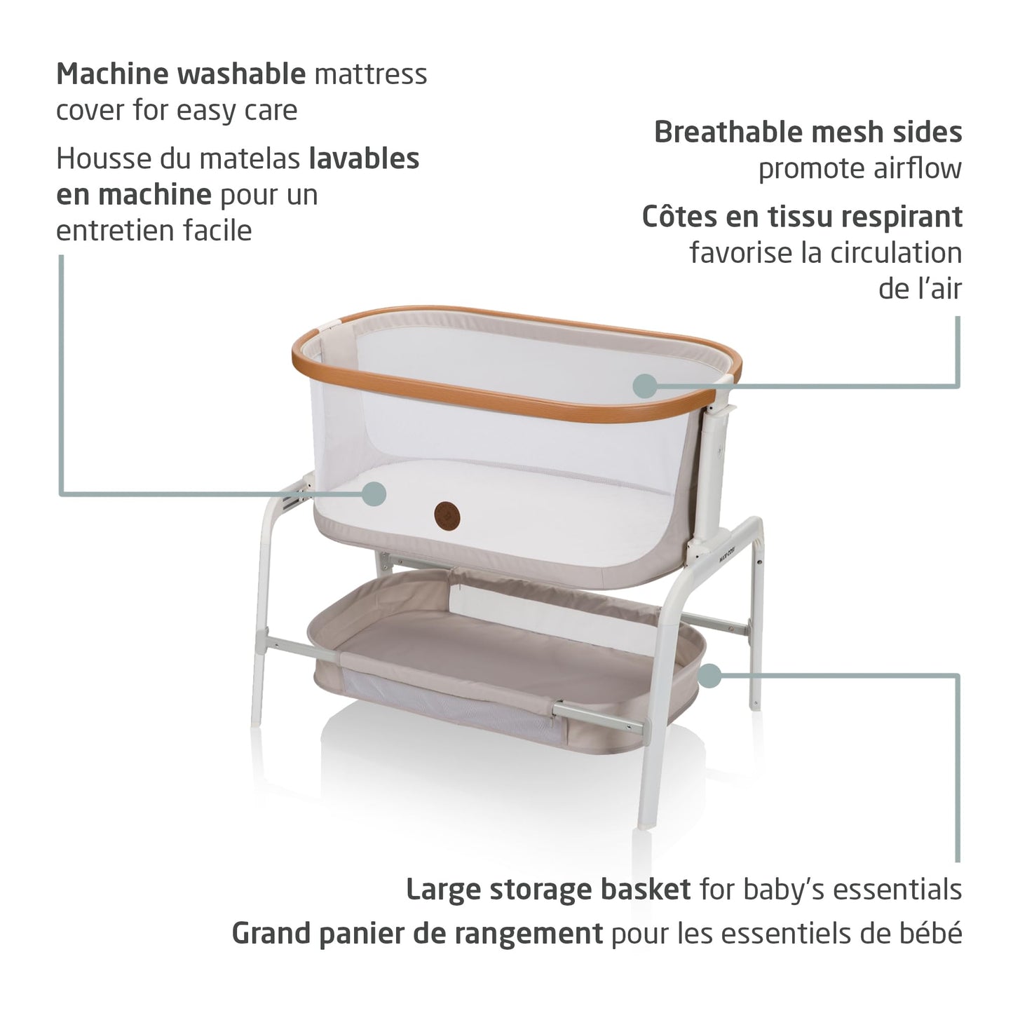 Maxi-Cosi Iora Bedside Bassinet , infant bedside sleeper crib, 4 height positions, portable & folds flat, large storage basket, includes travel bag, Horizon Sand Maxi-Cosi