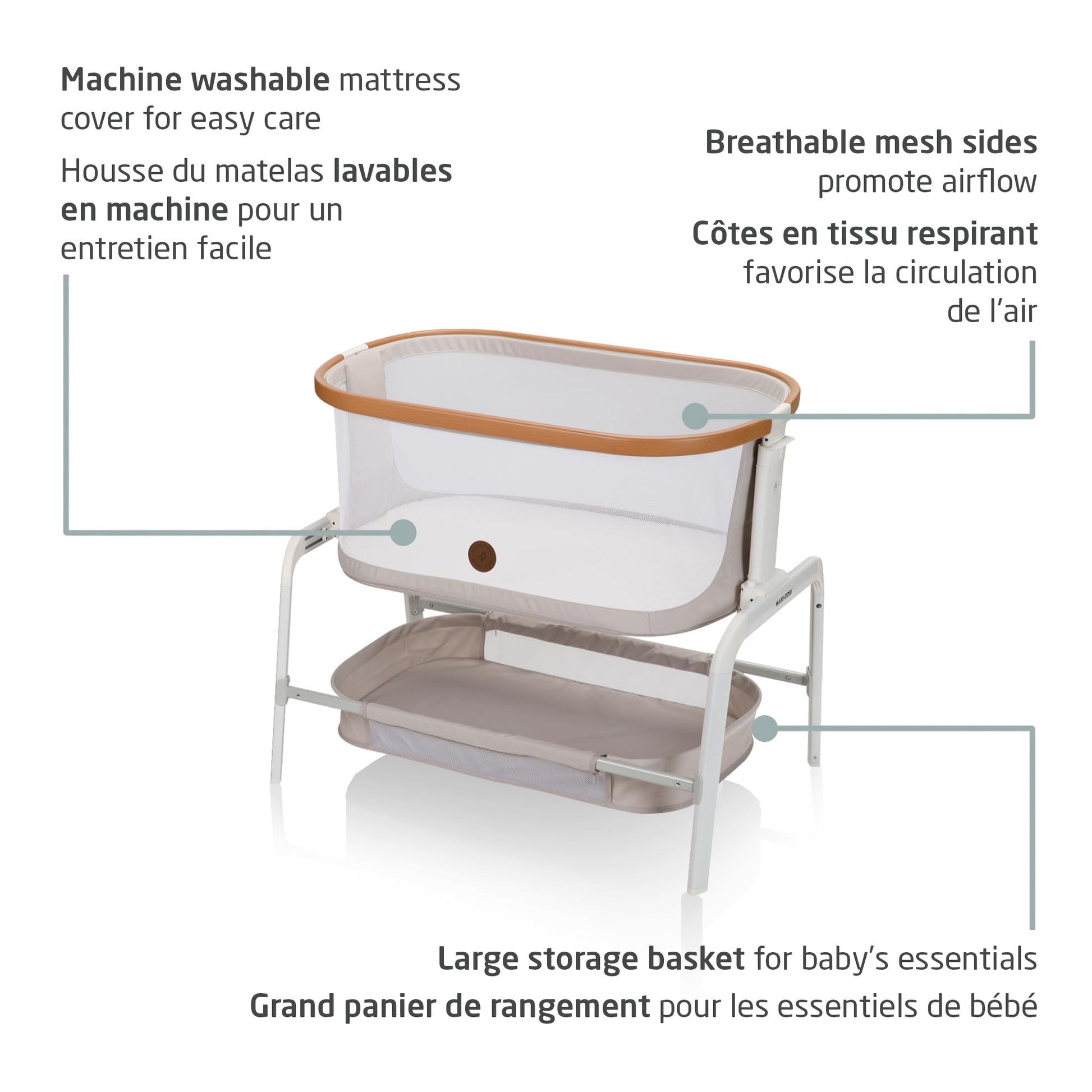 Maxi-Cosi Iora Bedside Bassinet , infant bedside sleeper crib, 4 height positions, portable & folds flat, large storage basket, includes travel bag, Horizon Sand Maxi-Cosi