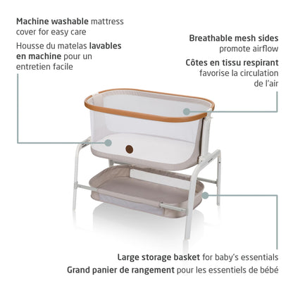 Maxi-Cosi Iora Bedside Bassinet , infant bedside sleeper crib, 4 height positions, portable & folds flat, large storage basket, includes travel bag, Horizon Sand Maxi-Cosi