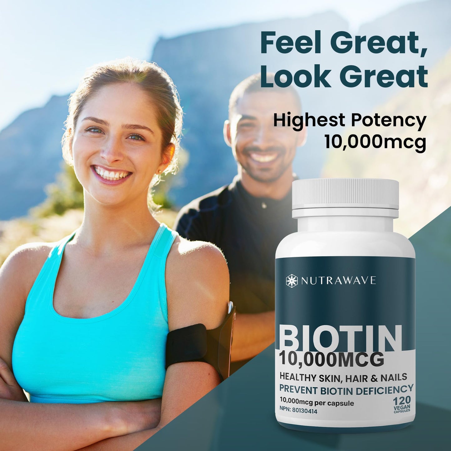 Nutrawave Extra Strength Biotin 10000mcg – Biotin for Hair Growth, Lush Hair, Glowing Skin & Strong Nails, Ideal for Women & Men, Non-GMO, Vegan, Gluten-Free. 120 Capsules - Available at All In One Marketplace Canada