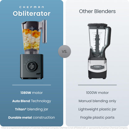 Chefman Obliterator 48 oz Countertop Blender for Smoothies, 1380W Motor to Crush Ice, Nuts, and Frozen Fruit with Stainless Steel Blade, Auto Blend Function, Includes 20 oz Travel Jar - Midnight 🍁 All In One Marketplace Canada Chefman