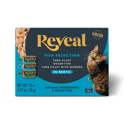 Reveal Natural Wet Cat Food in Broth, Limited Ingredient Grain Free Canned Cat Food, Protein with No Artificial Additives, Fish Variety in Broth (12 x 2.47 oz Cans) Reveal