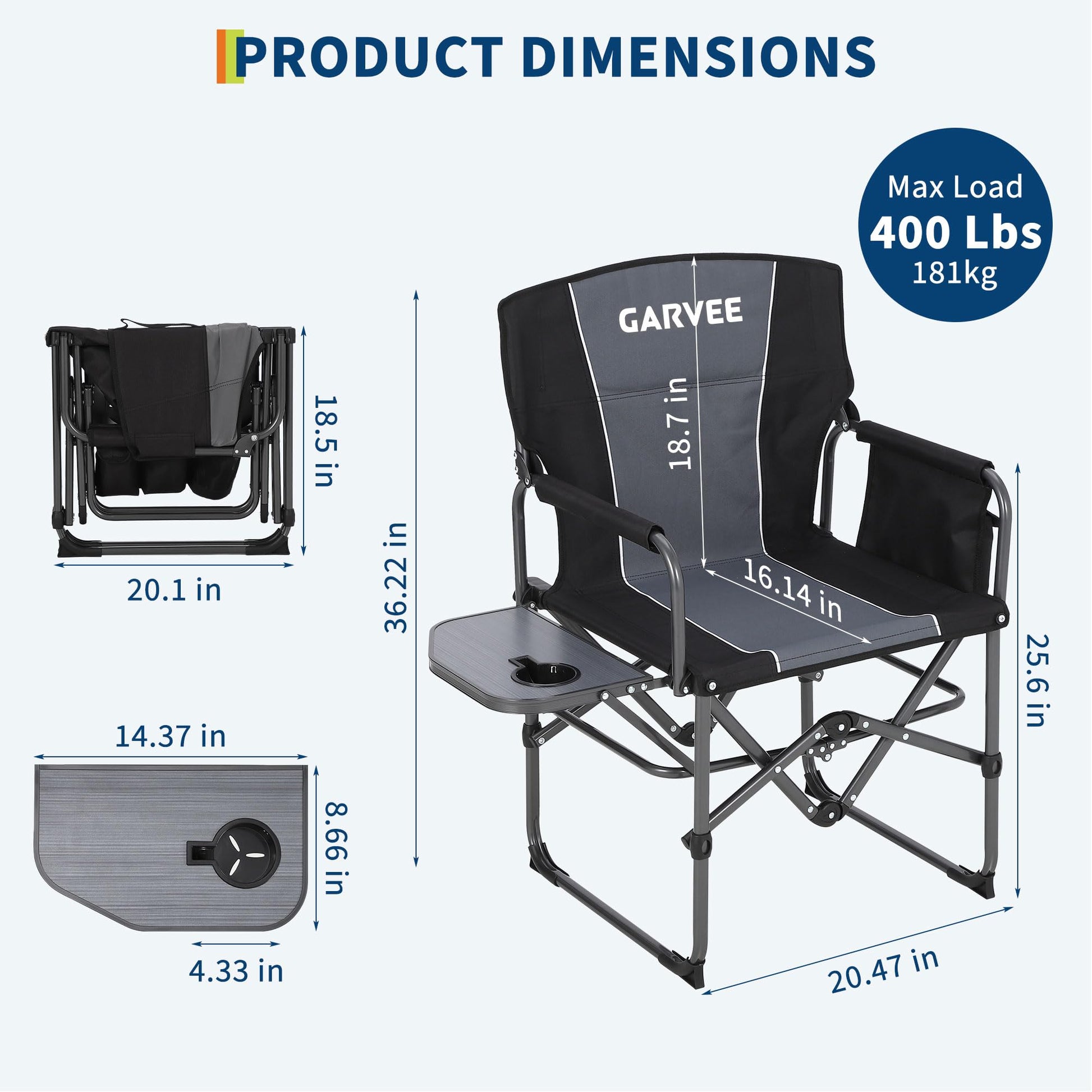 GarveeLife Oversized Camping Chair w/Side Table & Pocket,Outdoors, Black GarveeLife
