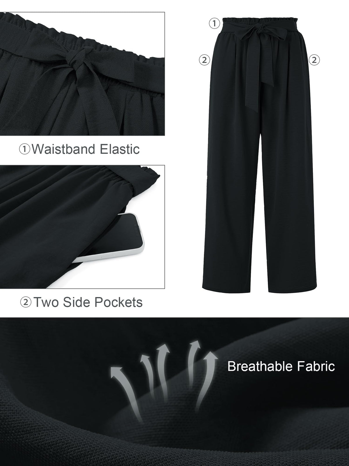 AusLook Plus Size Wide Leg Pants for Women High Waisted Lightweiht Palazzo Black 2X Pants Adjustable Tie Knot Paperbag Dressy Loose Comfy Business Casual Work Flowy Holiday Trousers with Pockets 🍁 All In One Marketplace Canada