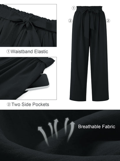 AusLook Plus Size Wide Leg Pants for Women High Waisted Lightweiht Palazzo Black 3X Pants Adjustable Tie Knot Paperbag Dressy Loose Comfy Business Casual Work Flowy Holiday Trousers with Pockets 🍁 All In One Marketplace Canada
