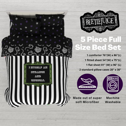 Franco Collectibles Beetlejuice Halloween Striped Bedding 5 Piece Super Soft Reversible Comforter and Sheet Set, Full, (Officially Licensed Product)
