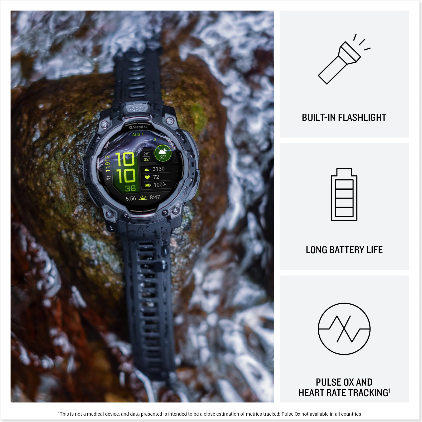 Garmin Instinct® 3 45mm, AMOLED Display, Rugged Outdoor GPS Smartwatch, Metal-Reinforced Bezel, Built-in Flashlight, Up to 18 Days of Battery Life, Black Garmin