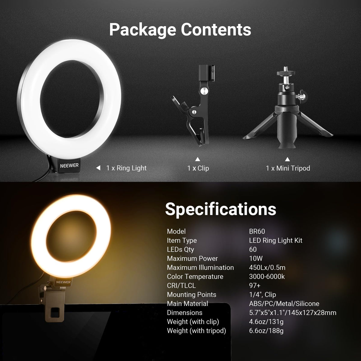 NEEWER Basics BR60 5" Ring Light for Video Conference Lighting, Clip