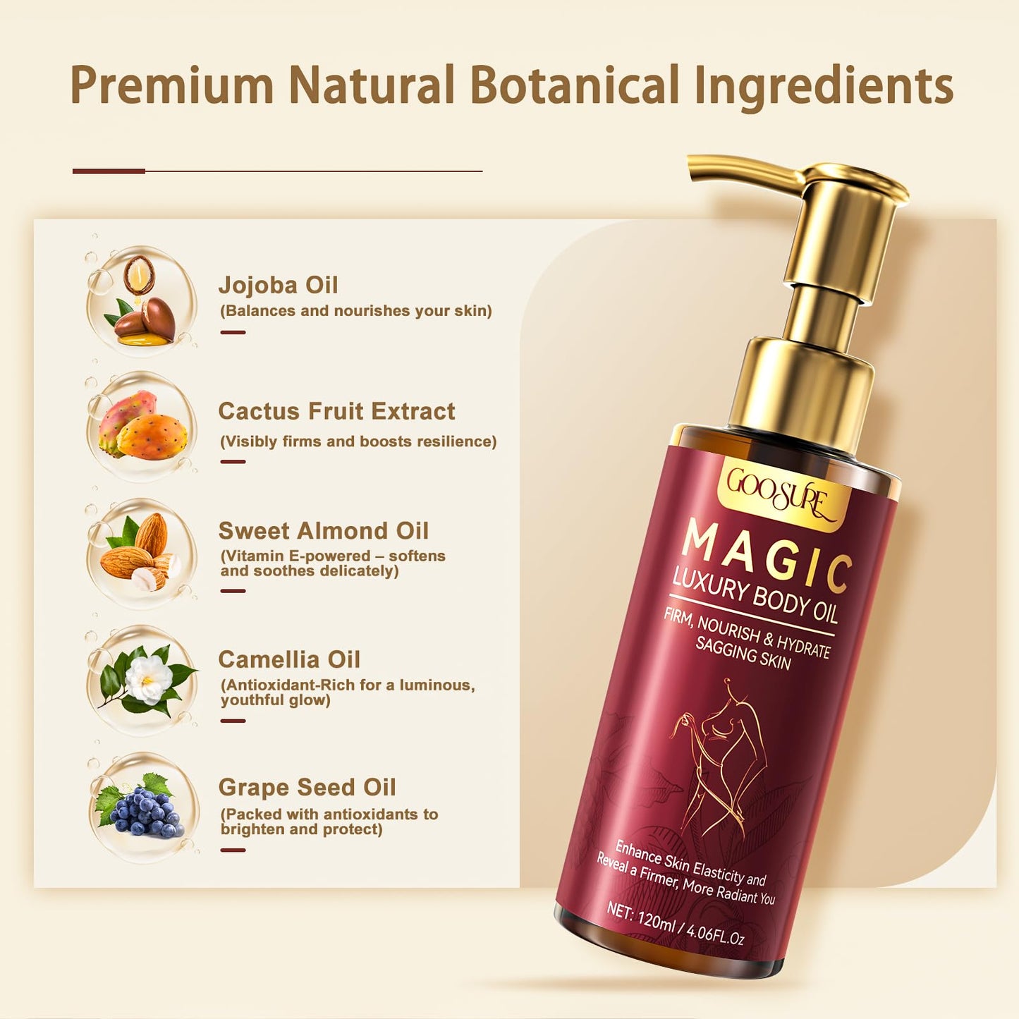 Magic Body Firming Oil, Natural Botanicals Firming Body Massage Oil, Fast Absorbing with Cactus Extract & Camellia, Vitamin E, Moisturizer & Hydrating Body Oil with Abdomen&Legs& Full Body, 4.06 Fl oz - Available at All In One Marketplace Canada