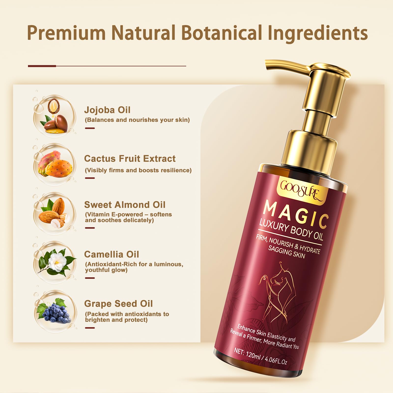Magic Body Firming Oil, Natural Botanicals Firming Body Massage Oil, Fast Absorbing with Cactus Extract & Camellia, Vitamin E, Moisturizer & Hydrating Body Oil with Abdomen&Legs& Full Body, 4.06 Fl oz - Available at All In One Marketplace Canada