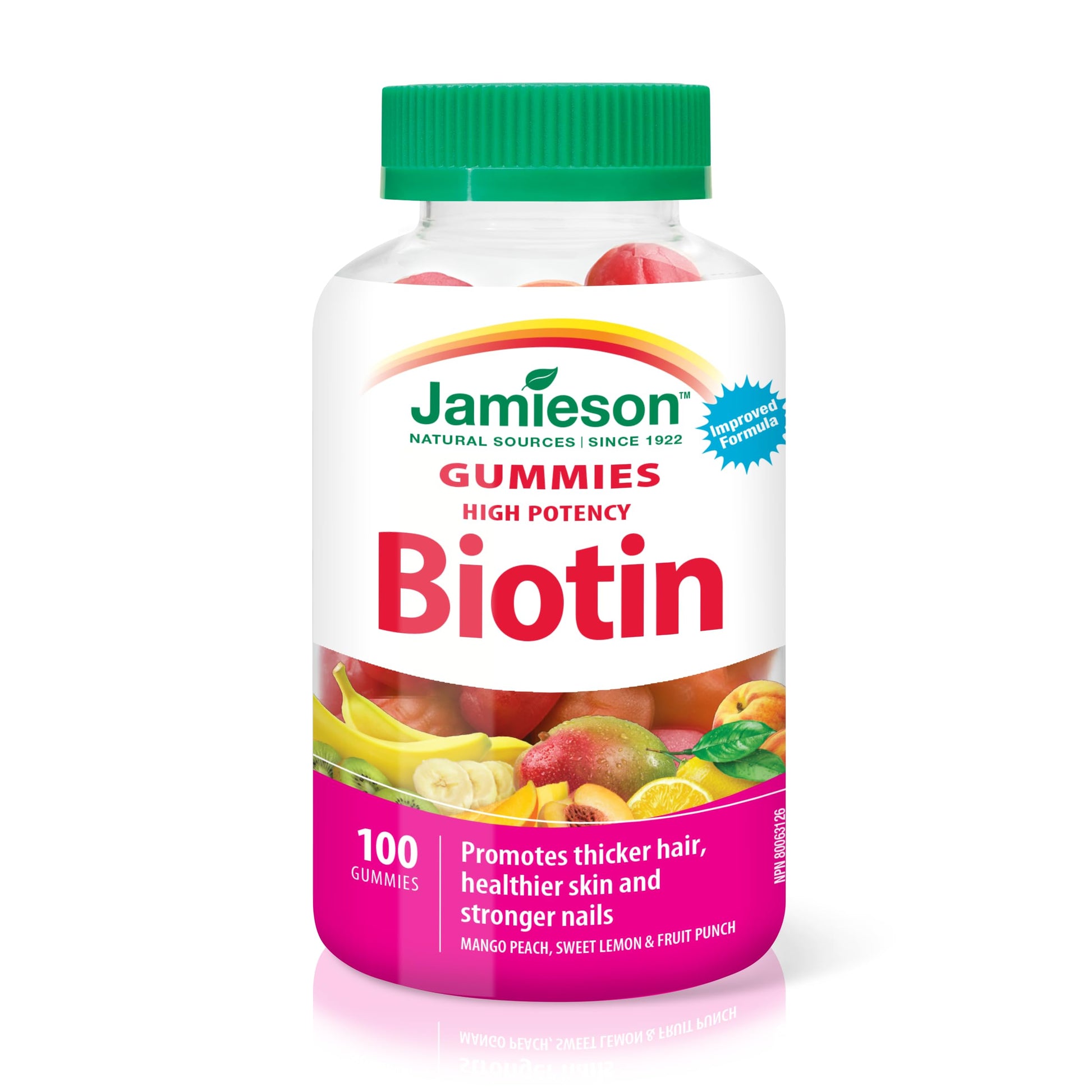 Jamieson High Potency Biotin Gummies with Vitamin C and Vitamin E, 100 Gummies, Mixed Flavours. Supports Thicker Hair, Healthier Skin, Stronger Nails. Gelatin-Free - Available at All In One Marketplace Canada