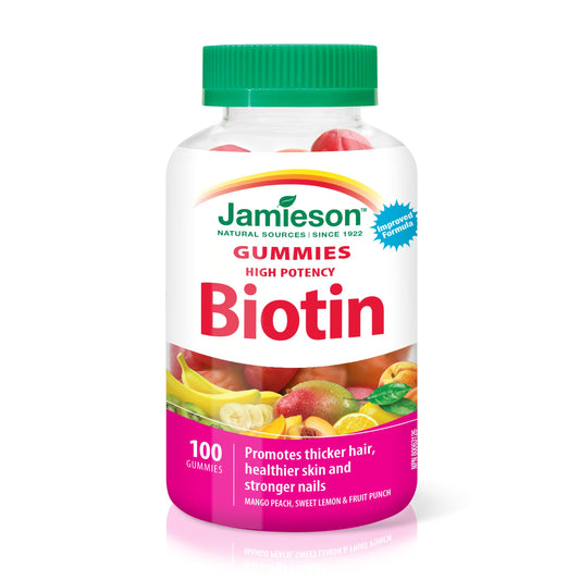 Jamieson High Potency Biotin Gummies with Vitamin C and Vitamin E, 100 Gummies, Mixed Flavours. Supports Thicker Hair, Healthier Skin, Stronger Nails. Gelatin-Free - Available at All In One Marketplace Canada