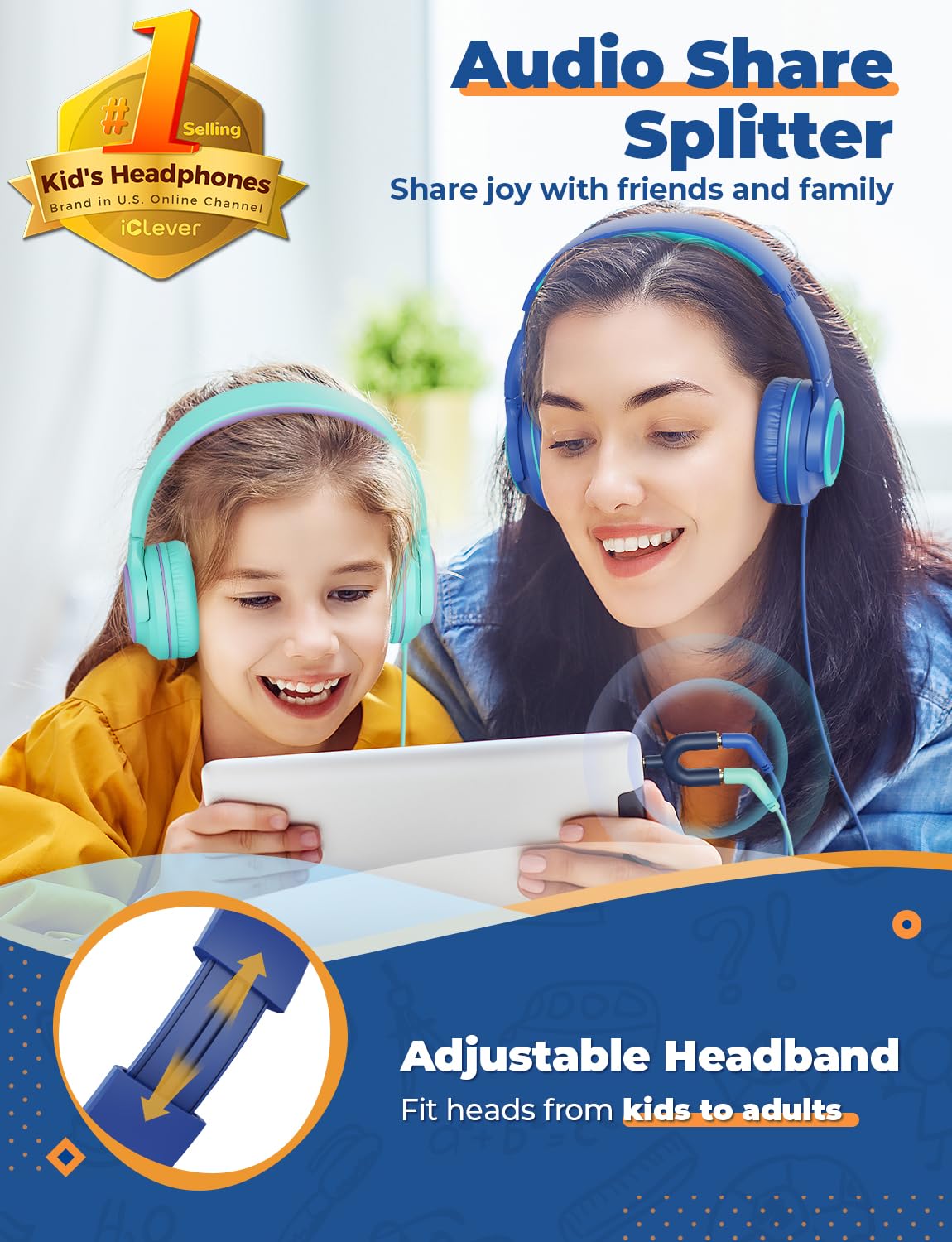 iClever 2Pack Kids Headphones with Sharing Splitter - 85dBA Safe Volume Limited - HS22 Wired Headphones for Kids Teens, Tangle-Free 3.5mm Jack Foldable Stereo Headphone for School/Tablet/Travel