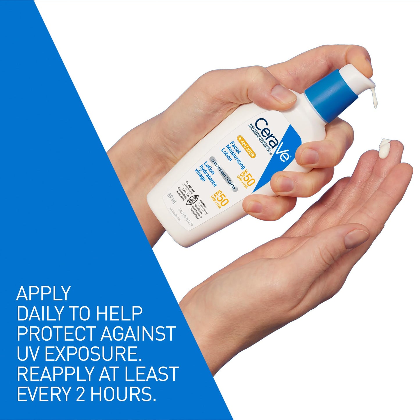 CeraVe AM Face Moisturizer SPF 50, Facial Moisturizing Lotion with Sunscreen, Hyaluronic Acid & Niacinamide, Broad Spectrum UVA+UVB Protection, No White Cast, Recommended by Dermatologists, 89mL