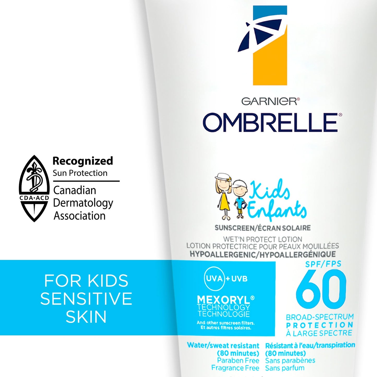 Garnier Ombrelle Kids Sunscreen Lotion SPF 60, Formulated for Sensitive Skin, Body Sunscreen, Fragrance-Free, Very High Broad-Spectrum UVA/UVB Protection, Water Resistant, 200ml