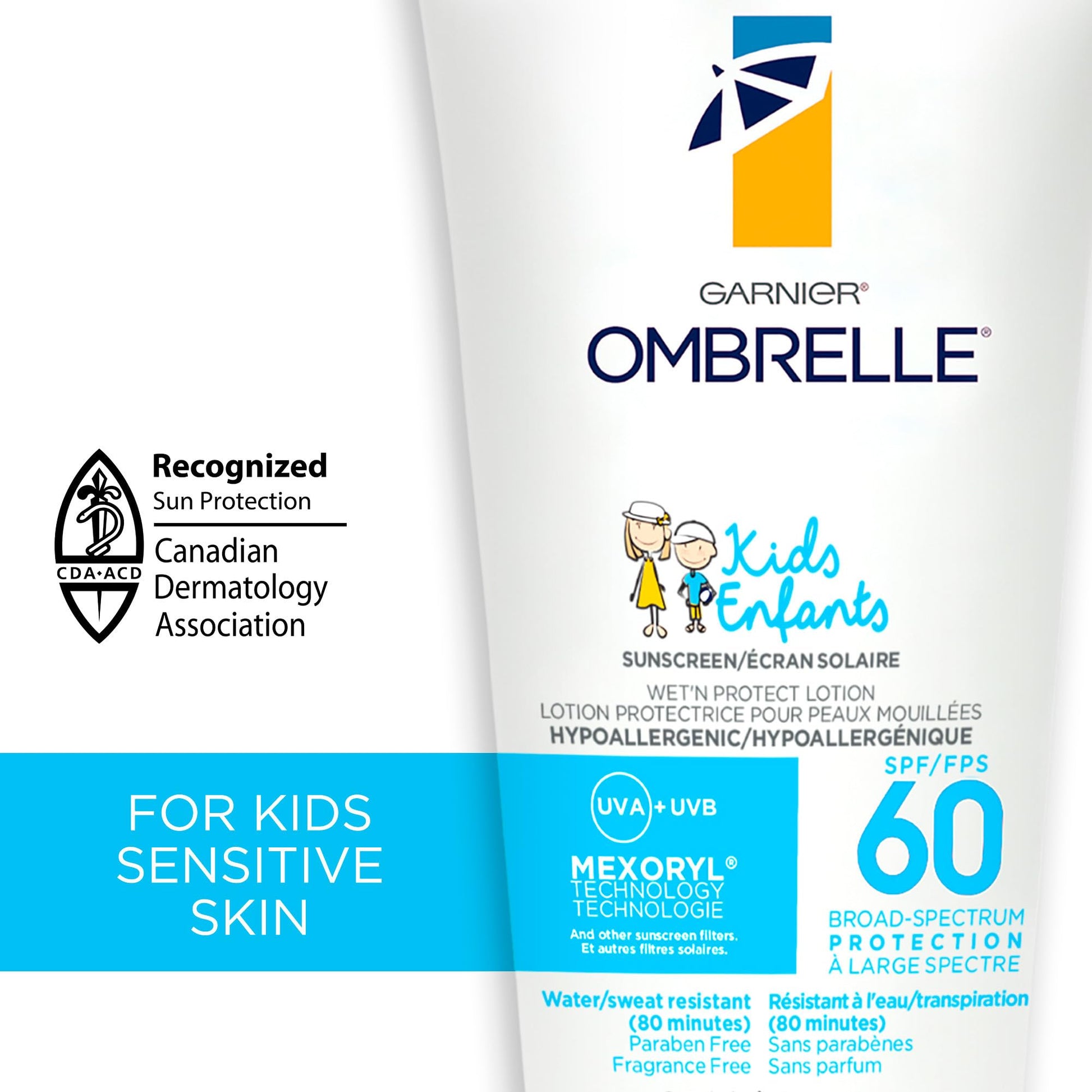 Garnier Ombrelle Kids Sunscreen Lotion SPF 60, Formulated for Sensitive Skin, Body Sunscreen, Fragrance-Free, Very High Broad-Spectrum UVA/UVB Protection, Water Resistant, 200ml
