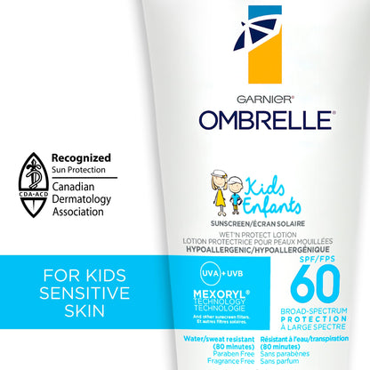 Garnier Ombrelle Kids Sunscreen Lotion SPF 60, Formulated for Sensitive Skin, Body Sunscreen, Fragrance-Free, Very High Broad-Spectrum UVA/UVB Protection, Water Resistant, 200ml