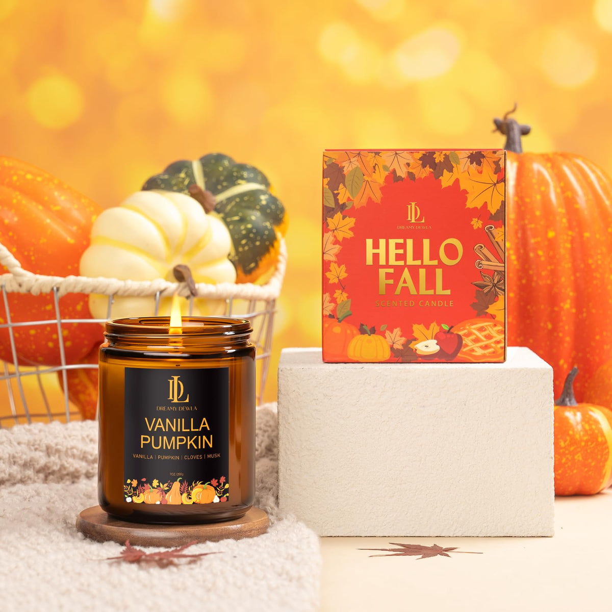 DL DREAMY DEWLA Fall Candle, Vanilla Pumpkin Scented for Home, 7oz Soy Wax 🍁 All In One Marketplace Canada