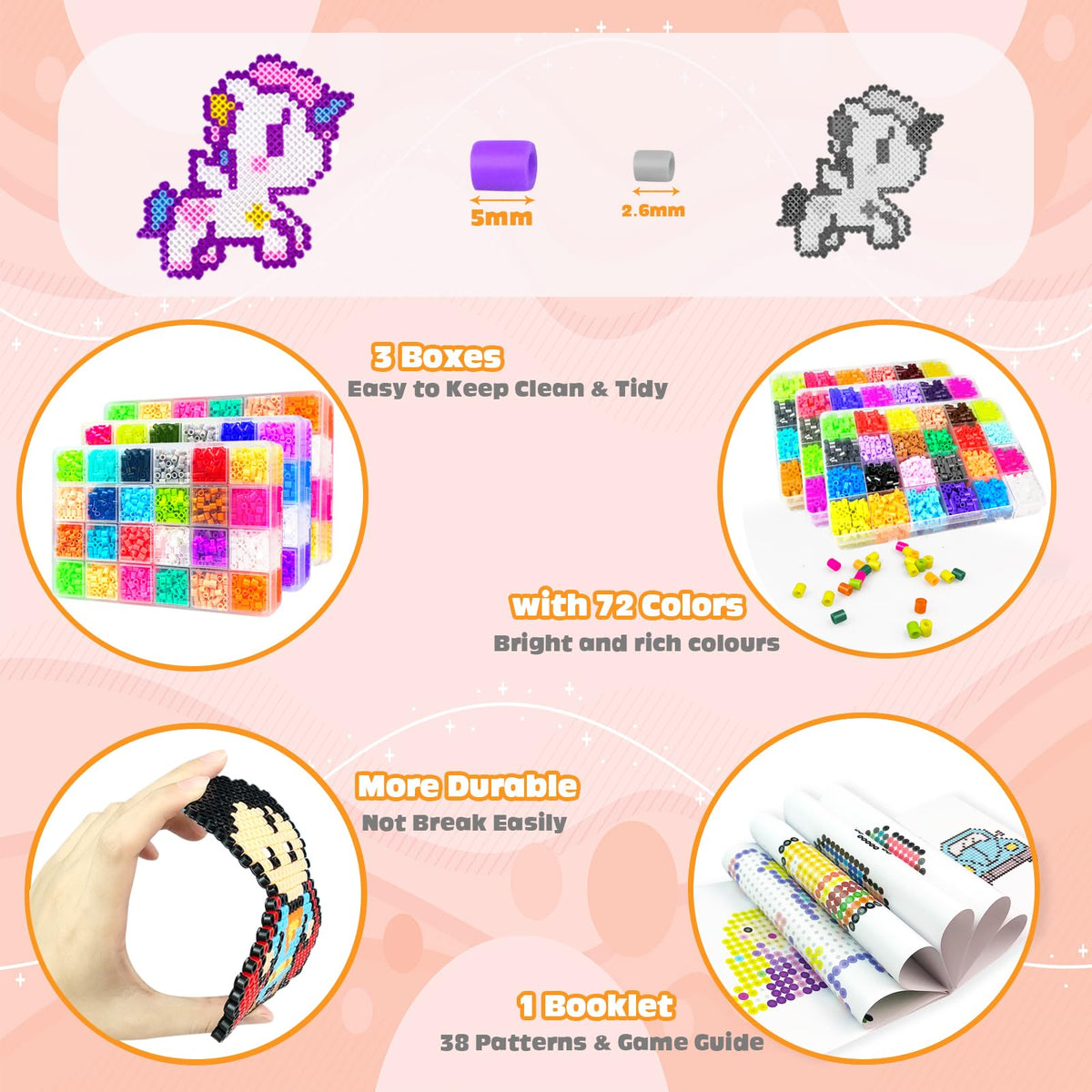 Fuse Beads Kit - 72 Colors 5mm Fuse Bead Set with Pegboards, Ironing Papers and Accessories, Fuse Beads 3 Boxes, DIY Craft Kits for Kids, Arts and Crafts Gifts for Girls & Boys Christmas Birthday 🍁 All In One Marketplace Canada
