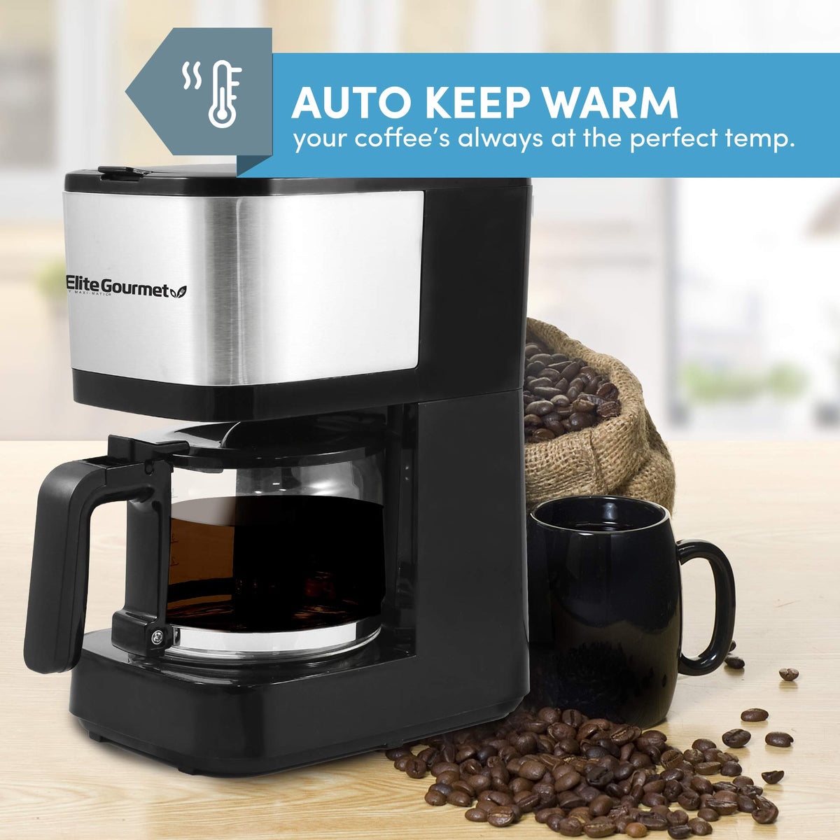 Elite Gourmet Automatic Brew & Drip Coffee Maker, with PaCae N Serve, ReCaable Filter, On/Off Switch, Water Level Indicator, 5-Cup, Stainless Steel, EHC9420