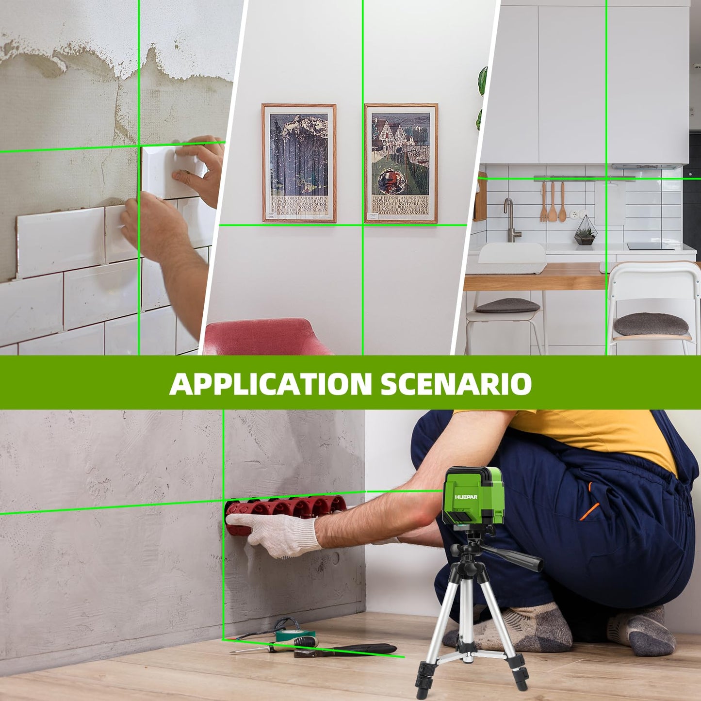 Huepar Self Leveling Laser Level with Tripod, 98Ft Green Cross Line Laser Leveler Tool for Picture Hanging, Tile, Home Renovation, Indoor Project, Battery Included, 40in Tripod - Available at All In One Marketplace Canada