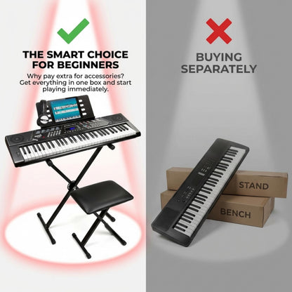 RockJam 61 Key Keyboard Piano With Pitch Bend Kit, Keyboard Stand, Piano Bench, Headphones, Simply Piano App & Keynote Stickers