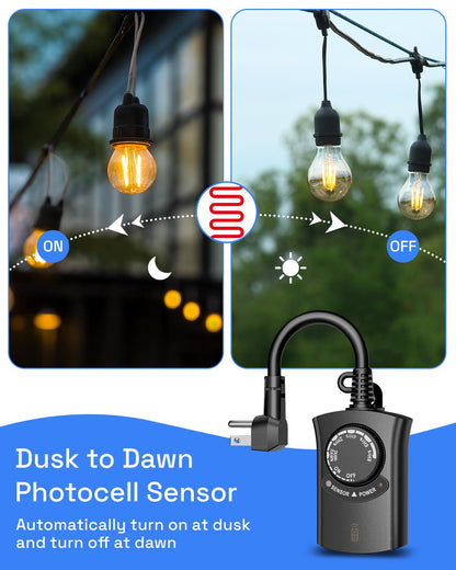 HBN Outdoor Light Timer Waterproof, Weatherproof Photocell Dusk to Dawn Light Sensor Timer with Remote Control, 2/4/6/8 Countdown Timer, 1 Grounded Outlet for Christmas Lights，1875W 15A 1/2HP 🍁 All In One Marketplace Canada