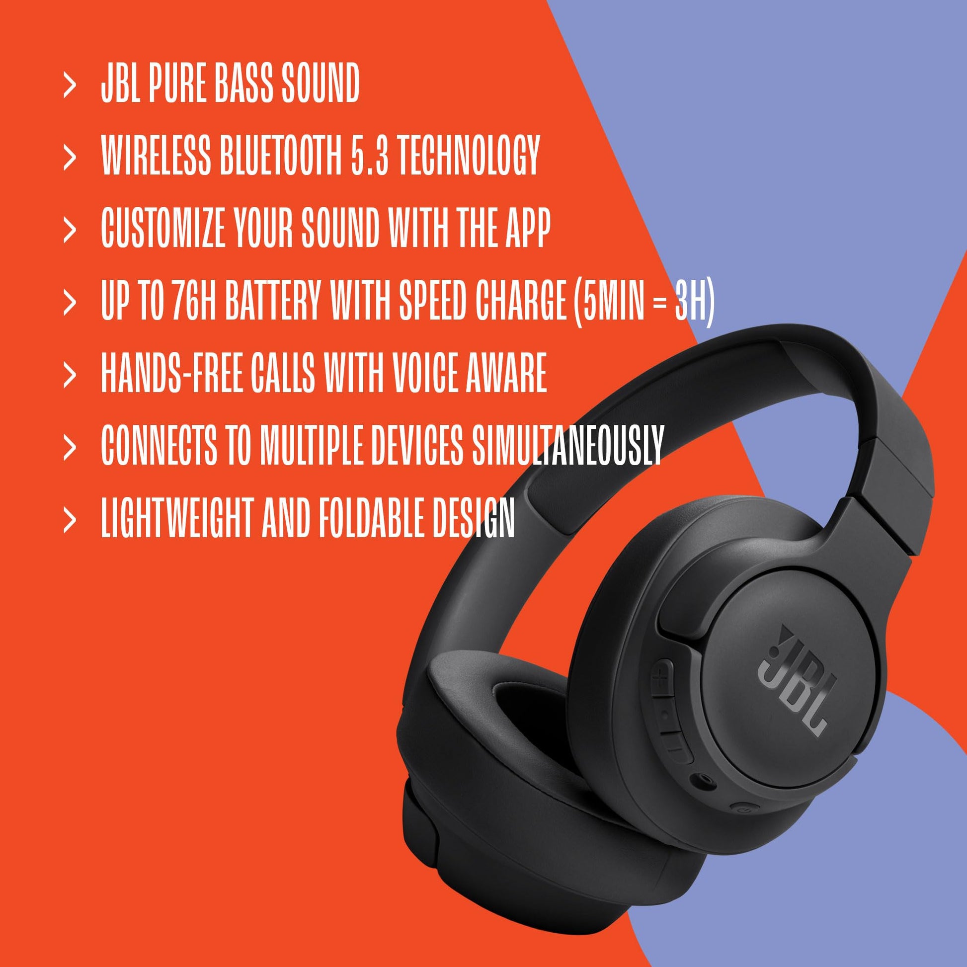 JBL Tune 720BT - Wireless Over-Ear Headphones with JBL Pure Bass Sound, Bluetooth 5.3, Up to 76H Battery Life and Speed Charge, Lightweight, Comfortable and Foldable Design (Blue) - Available at All In One Marketplace Canada