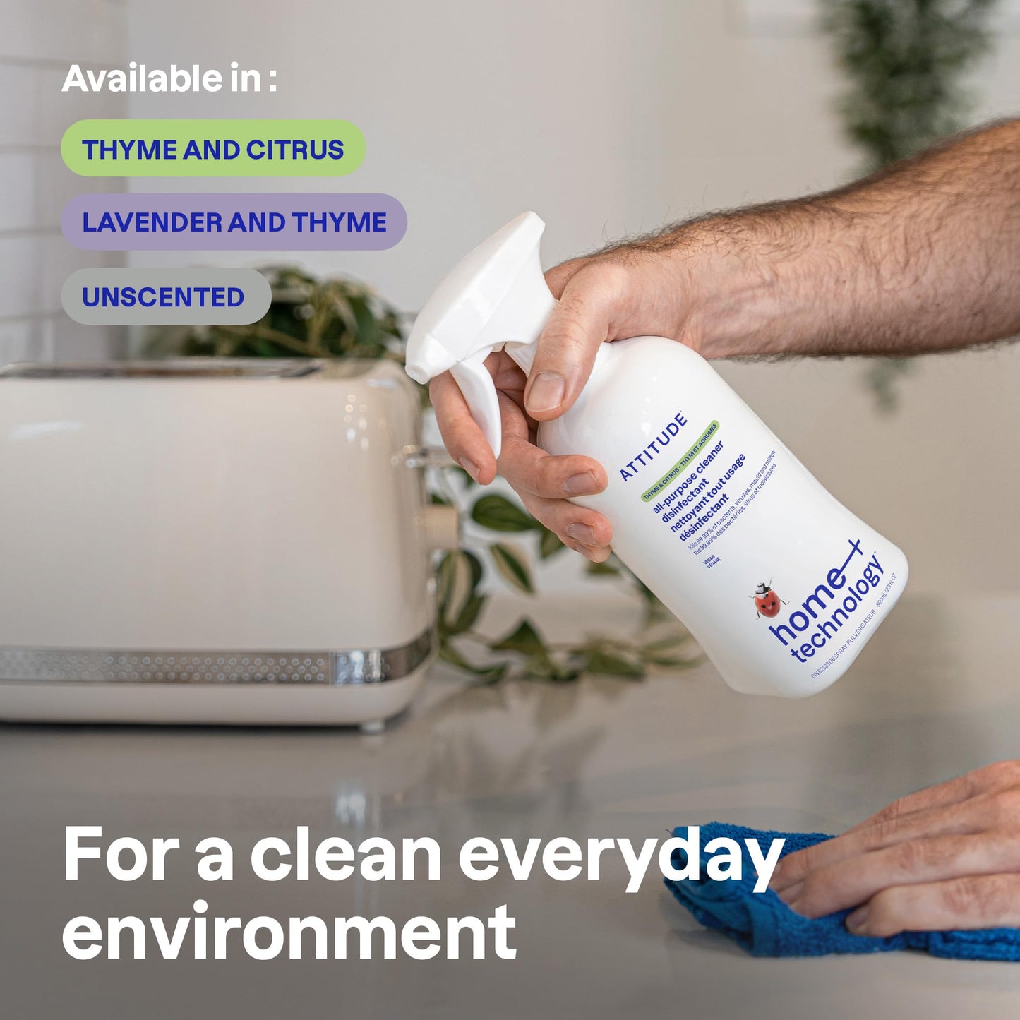 ATTITUDE Disinfectant Spray, All Purpose Cleaner with 99.99% Germ & Virus Elimination, Vegan & Plant-Based, Multi-Surface, Made in Canada, Unscented, 800 mL (Pack of 3) - Available at All In One Marketplace Canada
