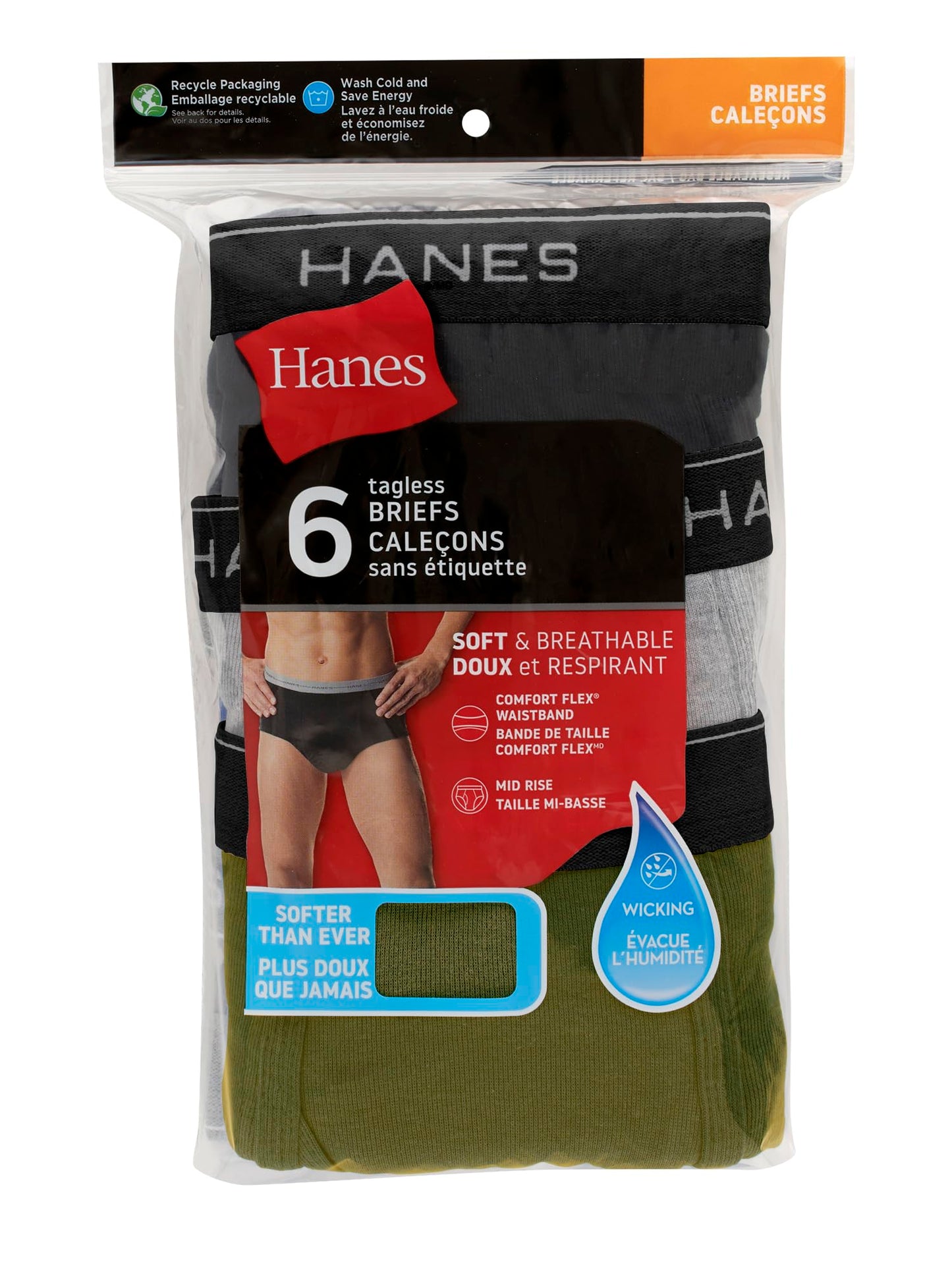 Hanes Mens 6-pack Exposed Waistband Mid-rise Briefs-underwear, White/Black, Large US 🍁 All In One Marketplace Canada