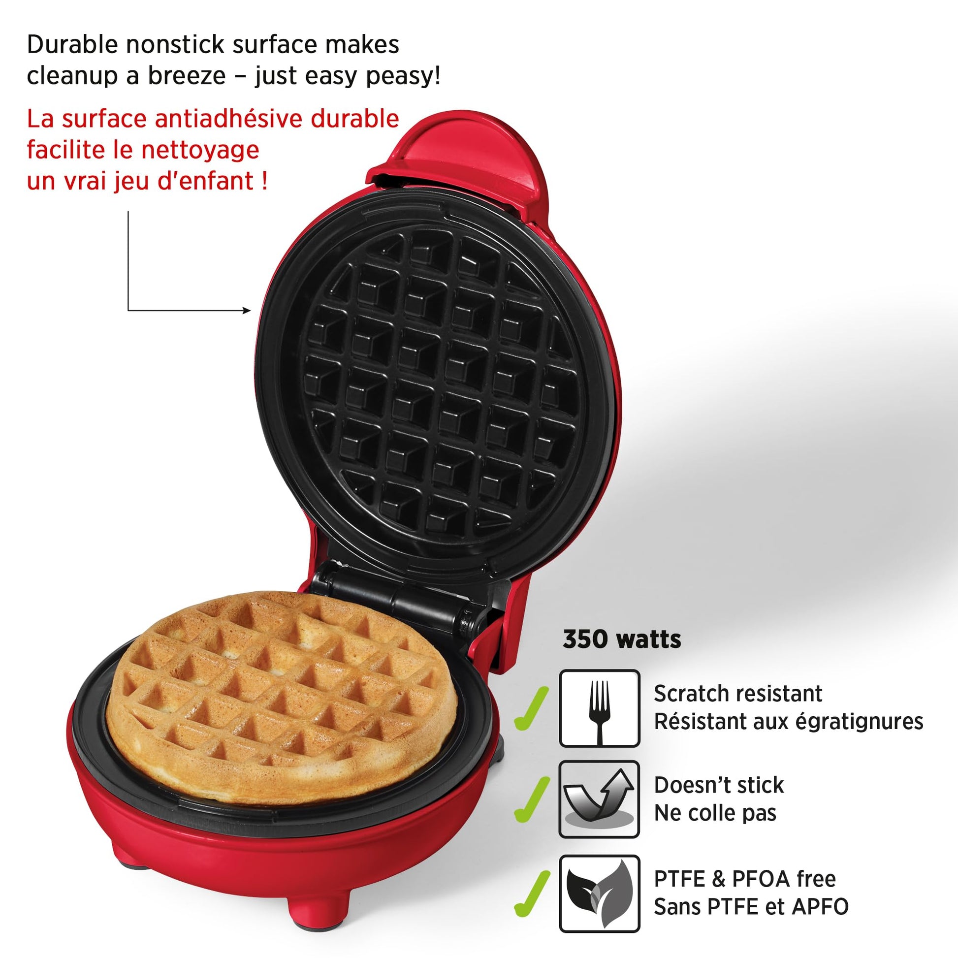 Starfrit Electric Mini Waffle Maker - 4" Non-Stick Cooking Surface - Easy to Use & Clean - Red - 350W - Available at All In One Marketplace Canada