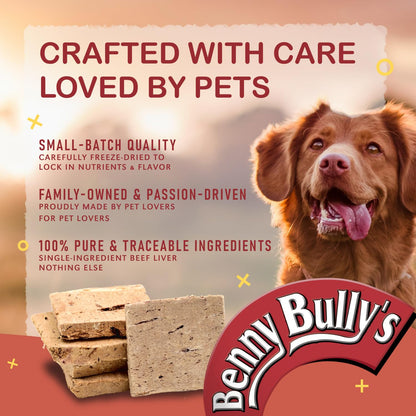 Benny BULLYS Chops Beef Liver Dog Treats, Freeze-Dried, Low Fat, High Energy & Nutrient Rich Food for Your Furry Friend, All Natural Ingredients 2X Small Bites- 520g/ 18.3oz Benny Bullys