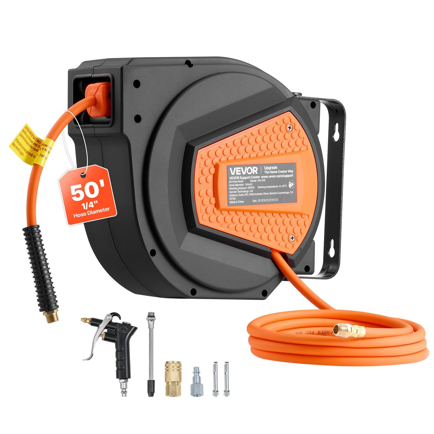VEVOR Retractable Air Hose Reel, 1/4 Inch x 50 FT Hybrid Air Hose Max 300PSI, Enclosed Air-Compressor Hoses Reel Auto Rewind with 6.6 ft Lead in & Blow Gun, 180° Swivel Ceiling/Wall Mount VEVOR