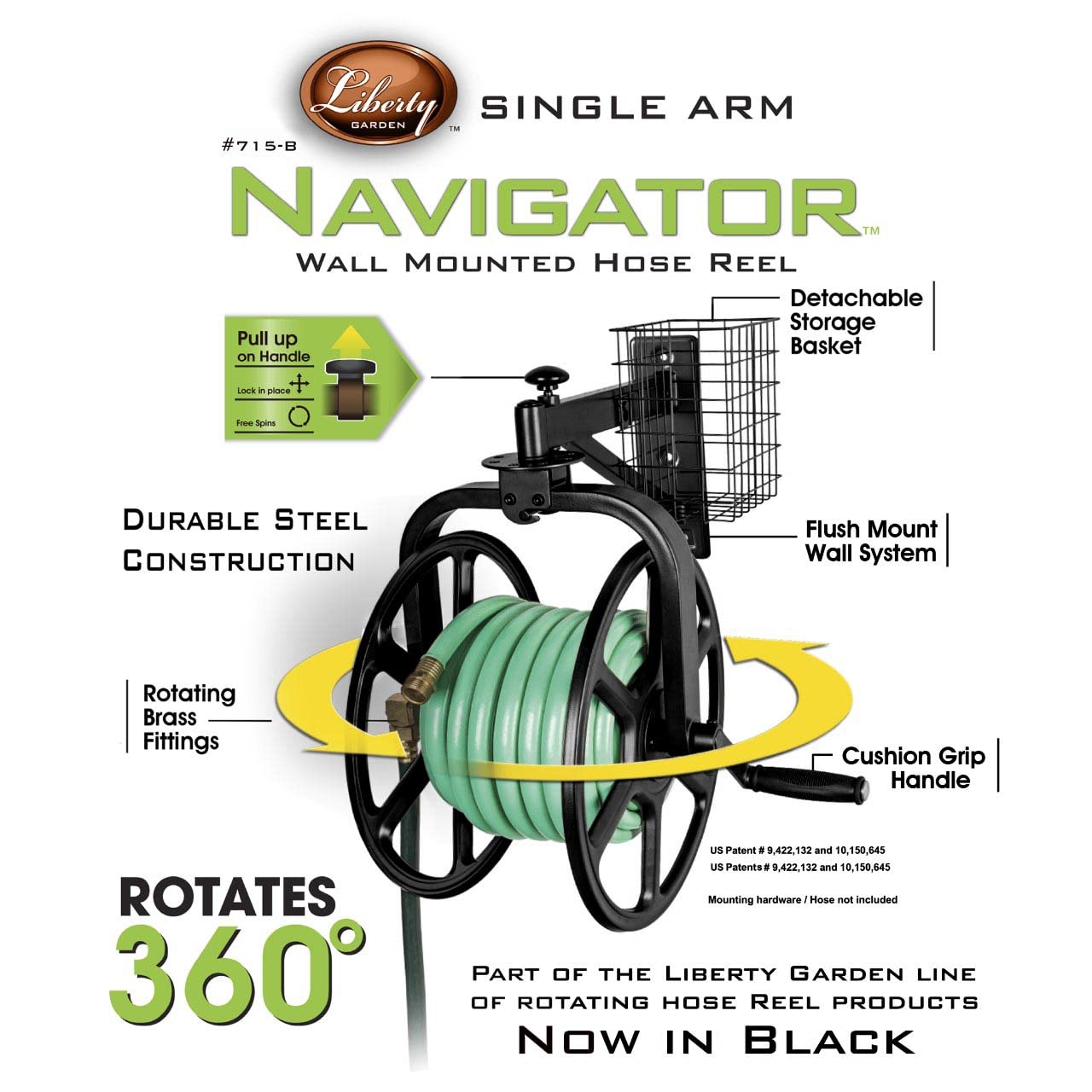 Liberty Garden 712-B Single Arm Navigator Multi-Directional Garden Hose Reel, Holds 125-Feet of, 5/8-Inch, Black, Height: 22.00", Width: 20.25", Depth: 18.6", Weight: 12.50 lbs Liberty Garden