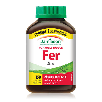Jamieson Iron 28 mg, with Folic Acid, Vitamin B2, Vitamin B12, and Vitamin C, Helps Prevents Iron Deficiency, Provides Superior Absorption, and Gentle on the Stomach. Non-GMO, Gluten-Free, 150 Vegetarian Capsules