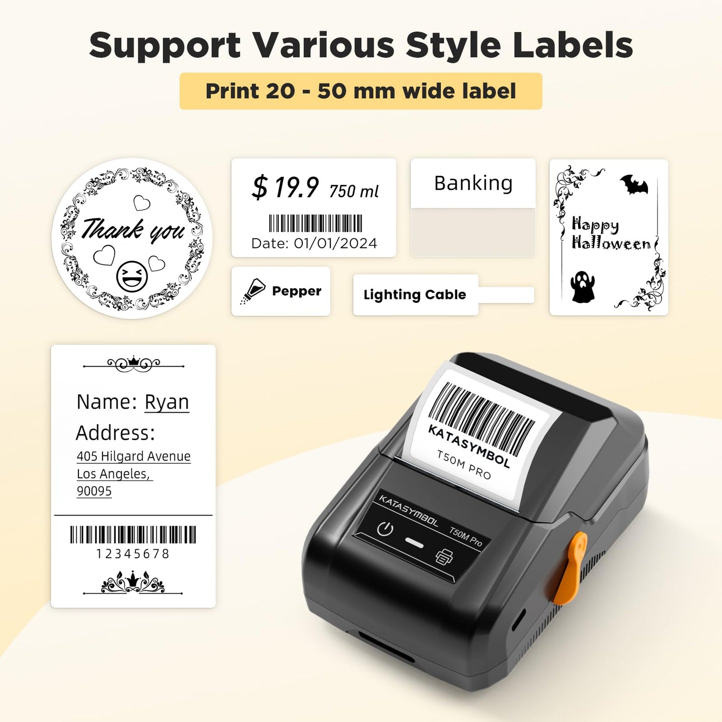 SUPVAN T50M Pro Bluetooth Label Maker Machine with Tape, Wide Waterproof Label, Versatile App with 30 Fonts and 660+ Icons, Inkless Labeler for Home, Kitchen, School, Office Organization, Set 1