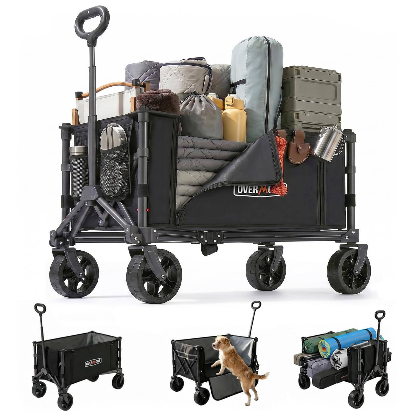 Overmont 3-in-1 Collapsible Wagon Cart, Ultra-Compact Foldable Wagon for SUV Trunk & Apartment Storage, Lightweight 120L Utility Cart with Dual Side Opening for Grocery, Camping & Sports OVERMONT