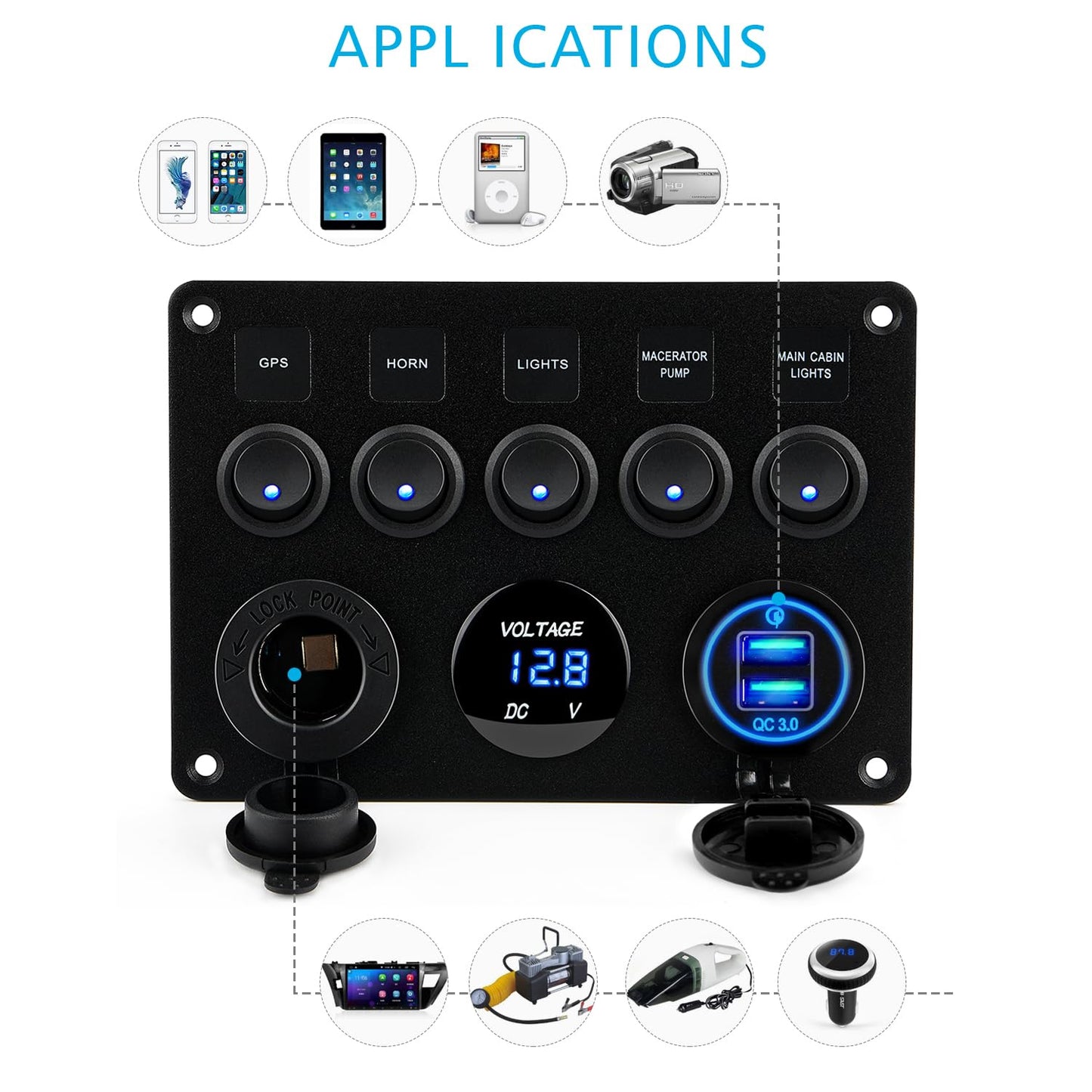 Kohree 5 Gang 12V Switch Panel, Rocker Switch Panel with Touch Switch Kohree