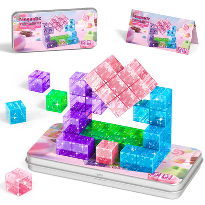 CZCUUDZ Magnetic Blocks Travel, 35PCS Mini Magnetic Blocks for Toddlers, STEM Building Cubes with Portable Iron Box, Magnetic Building Blocks for Kid Ages 3 4 5 6 7 8 Christmas Birthday Gifts, Glitter 🍁 All In One Marketplace Canada